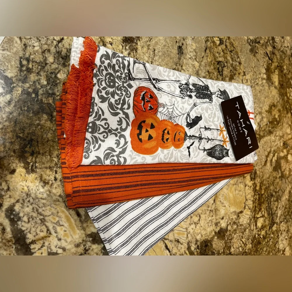 Tamari Home Kitchen Towel Trio -damask, stripes, skeletons, pumpkins NEW